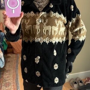 Elegant Black and Brown Reindeer Pattern Coat